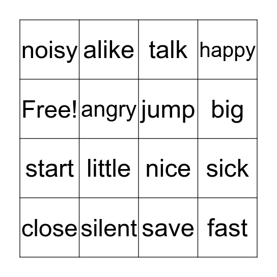 Synonym Bingo Card