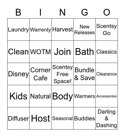 Scentsy Bingo PArty Bingo Card