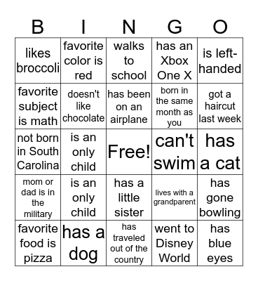 Welcome Back Bingo Card