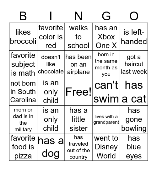 Welcome Back Bingo Card