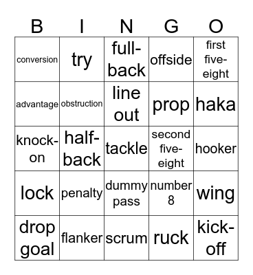 Rugby Vocabulary Bingo Card