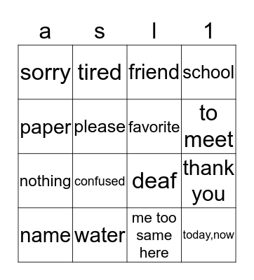 ASL UNIT 1 Bingo Card