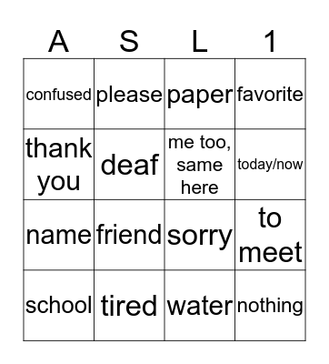 ASL UNIT 1 Bingo Card
