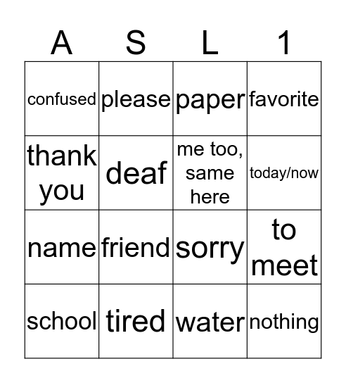 ASL UNIT 1 Bingo Card