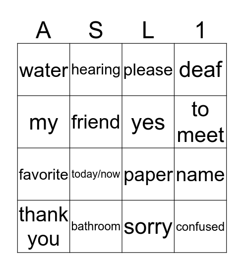 ASL UNIT 1 Bingo Card
