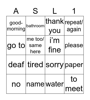 ASL UNIT 1 Bingo Card