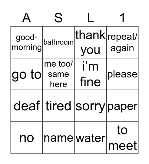 ASL UNIT 1 Bingo Card