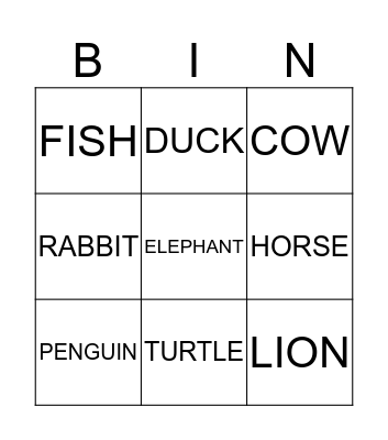 Animal Bingo Card