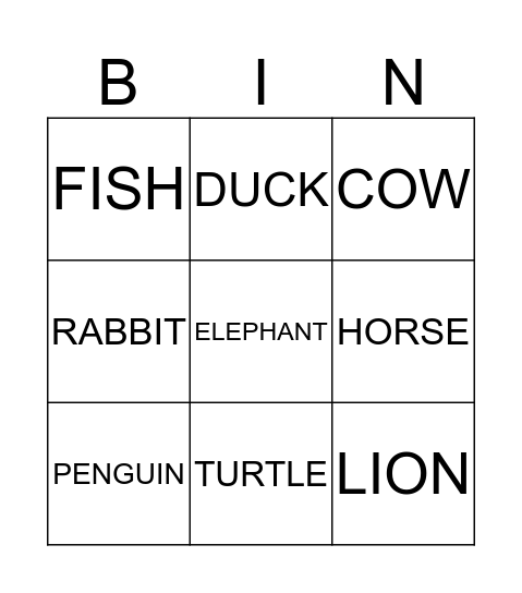 Animal Bingo Card