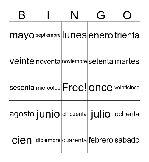 Numeros y Calendario Bingo Card