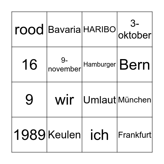 Kennismakingsbingo Duits (klas 2 VWO) Bingo Card