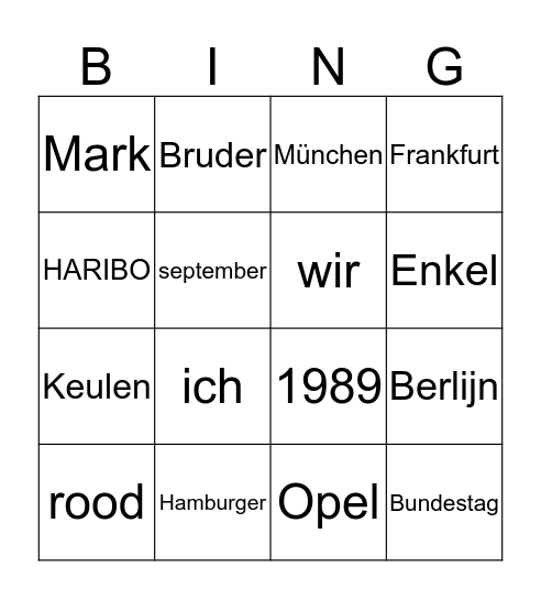 Kennismakingsbingo Duits (klas 2 VWO) Bingo Card