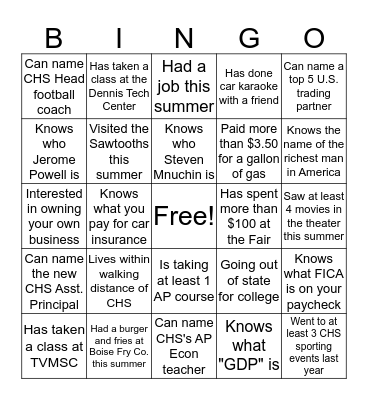 First Day Econ Bingo Card