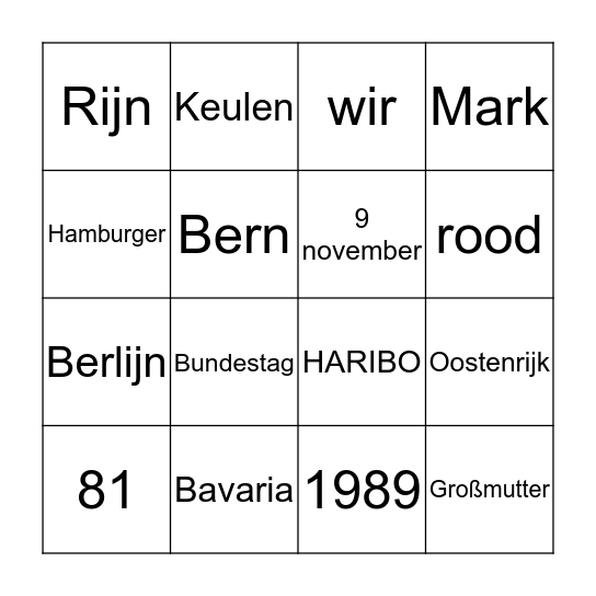 Kennismakingsbingo Duits (klas 2 VWO) Bingo Card