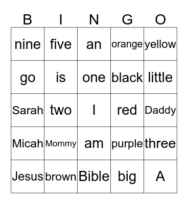 Sight Word Bingo Card