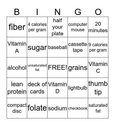 Nutrition Bingo Card