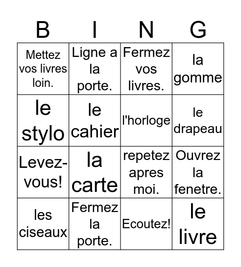 Les instructions / Les objets Bingo Card