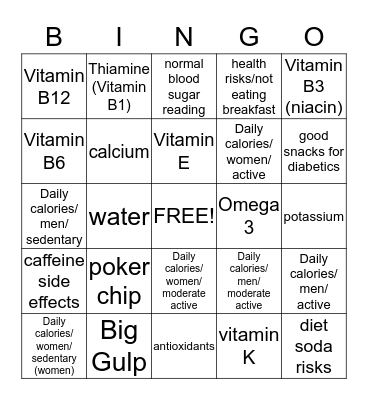 Nutrition Bingo Card