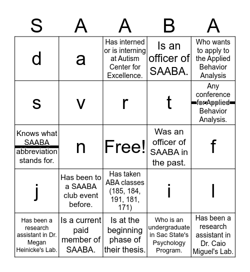SAABA BINGO! Bingo Card
