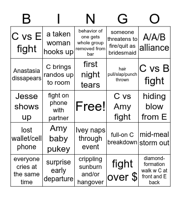 Ivey's Bachelorette Bingo Card