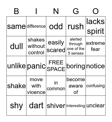 Stranger Vocabulary Bingo Card