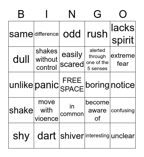 Stranger Vocabulary Bingo Card