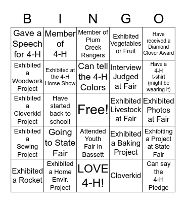 Plum Creek Ranger 4-H - August Meeting Bingo Card