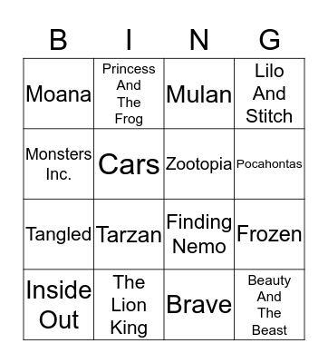 DISNEY MOVIES Bingo Card