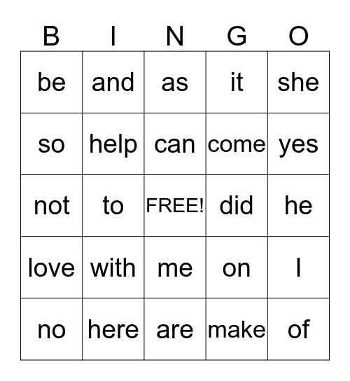 High Frequency Word BINGO Card