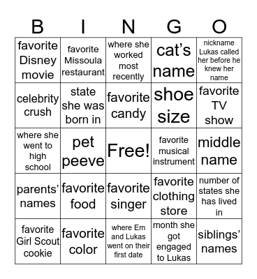 It's All About Emily! Bingo Card