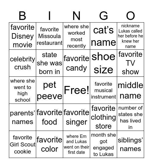 It's All About Emily! Bingo Card