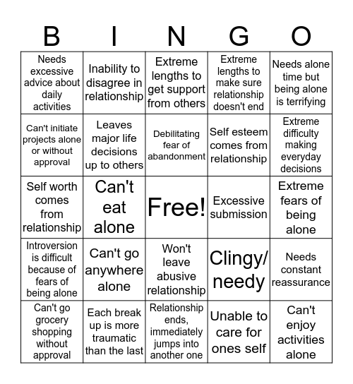 Dependant Personality Disorder Bingo Card