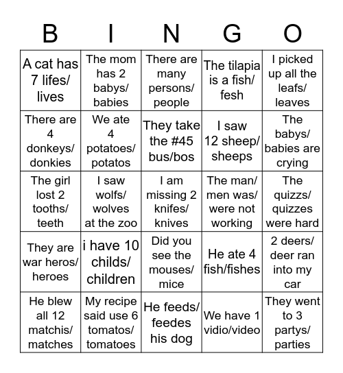 Plural Bingo Card