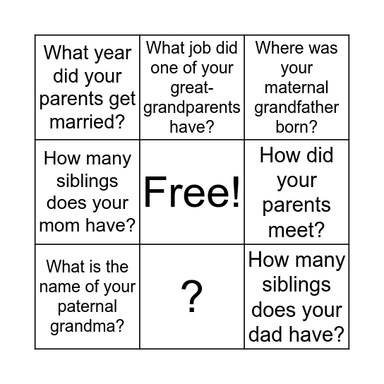 Family History Bingo Card