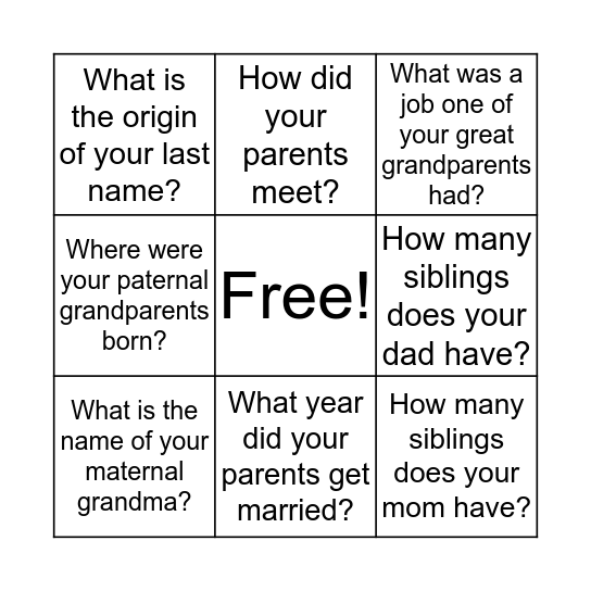 Family History Bingo Card