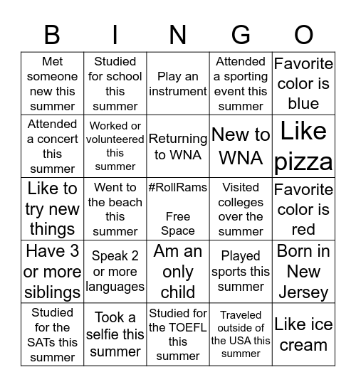 WNA Ice Breaker BINGO Card