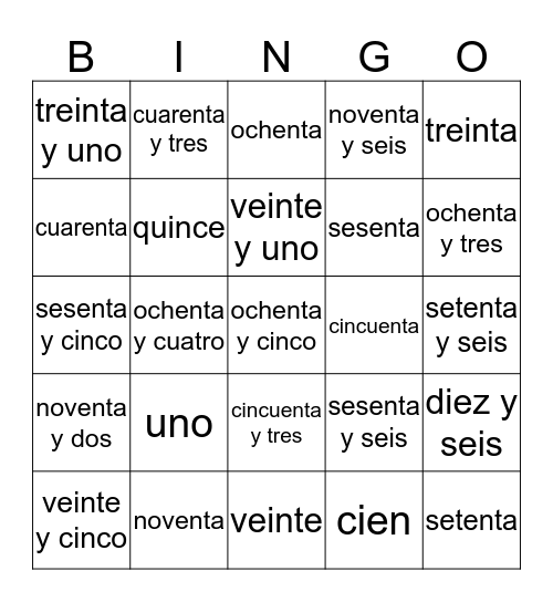 Números Bingo Card
