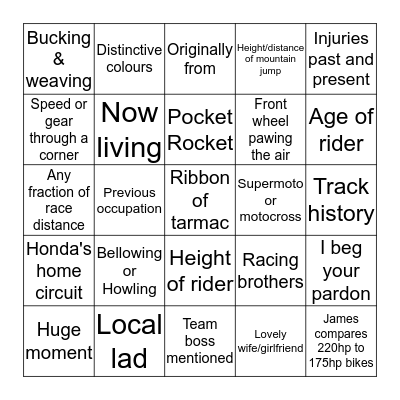 Cadwell Park Bingo Card