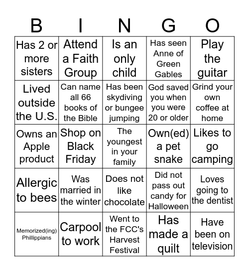 Getting to Know You Bingo Card