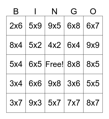 Multiplication Bingo Card