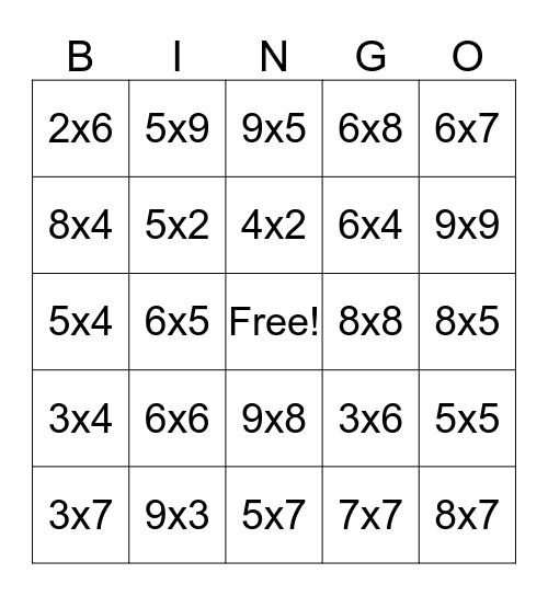 Multiplication Bingo Card