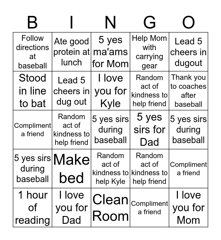 Behavior Bingo Card