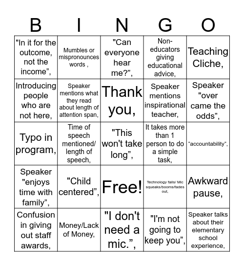 Opening Ceremony Bingo Card