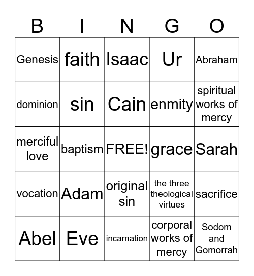 6th Grade Faith Formation Bingo Card