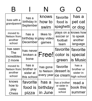 Beginning of Year BINGO Card