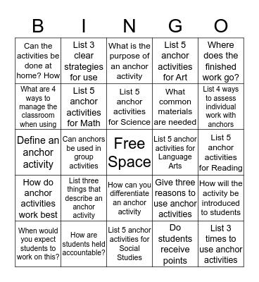 Anchor Activities Bingo Card