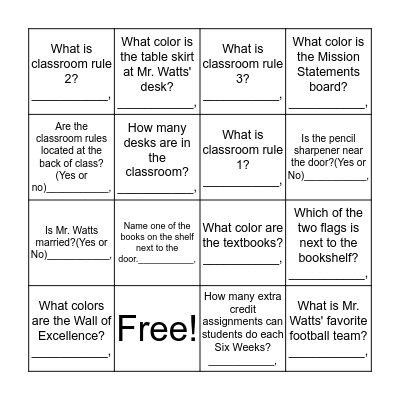 Classroom Scavenger Hunt Bingo Card