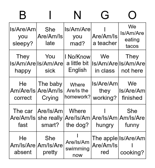 Am, Are, and Is Bingo Card