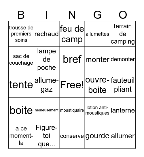 French 3 Chapter 7 Vocabulary 1 Bingo Card