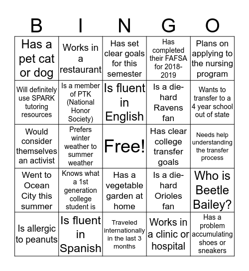 Project SPARK BINGO Card